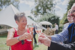 Glückliche Gäste stoßen entspannt mit ihren Sektgläsern unter freiem Himmel an festgehalten von Hochzeitsfotografin Conny Schöffmann Photography aus Würzburg